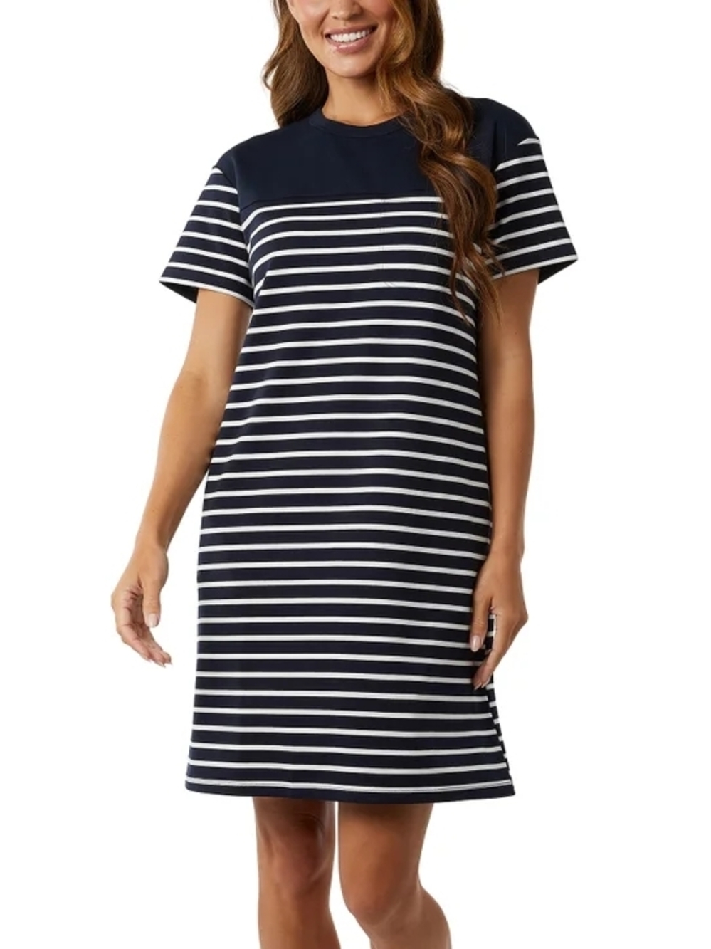 32 Degrees Cool Striped Navy & White Short Sleeve Shift Dress M